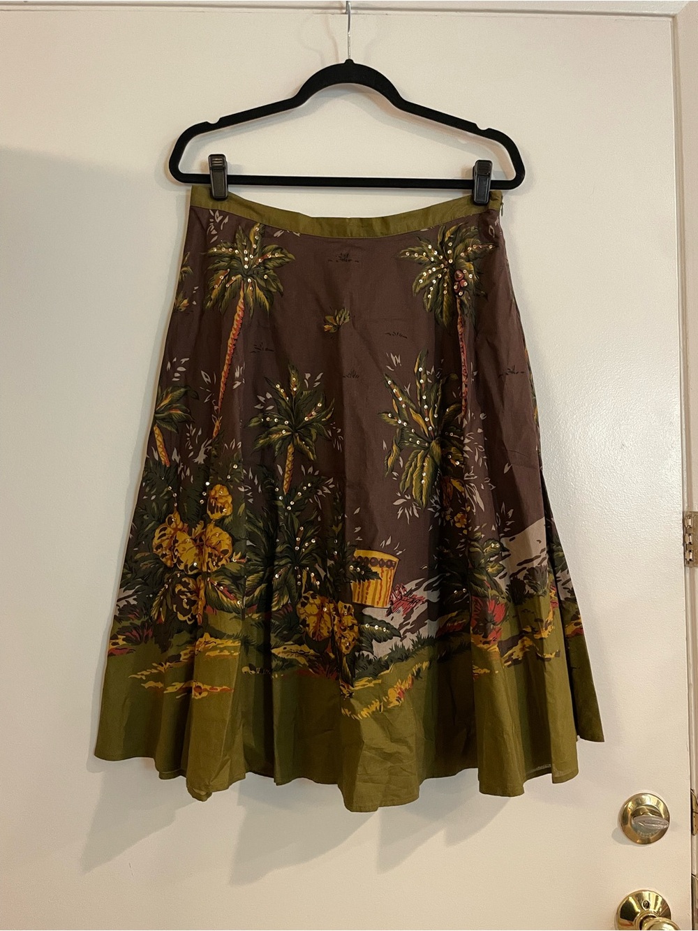 Willi Smith Olive and Brown Tropical Print A-Line Skirt